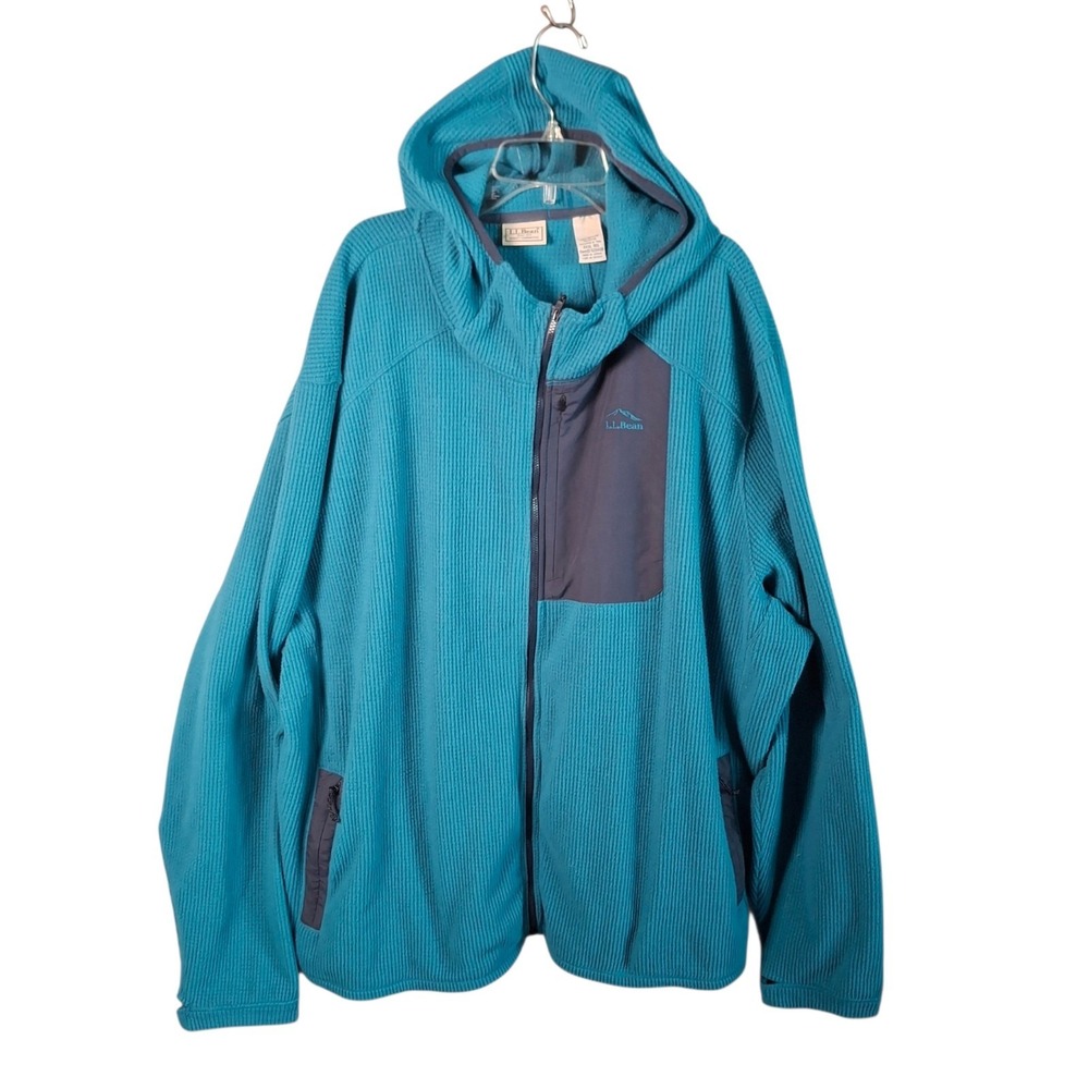 LL Bean Men 3XL Grid Fleece Hoodie Jacket Full Zip Blue Teal Waffle Coat 520406